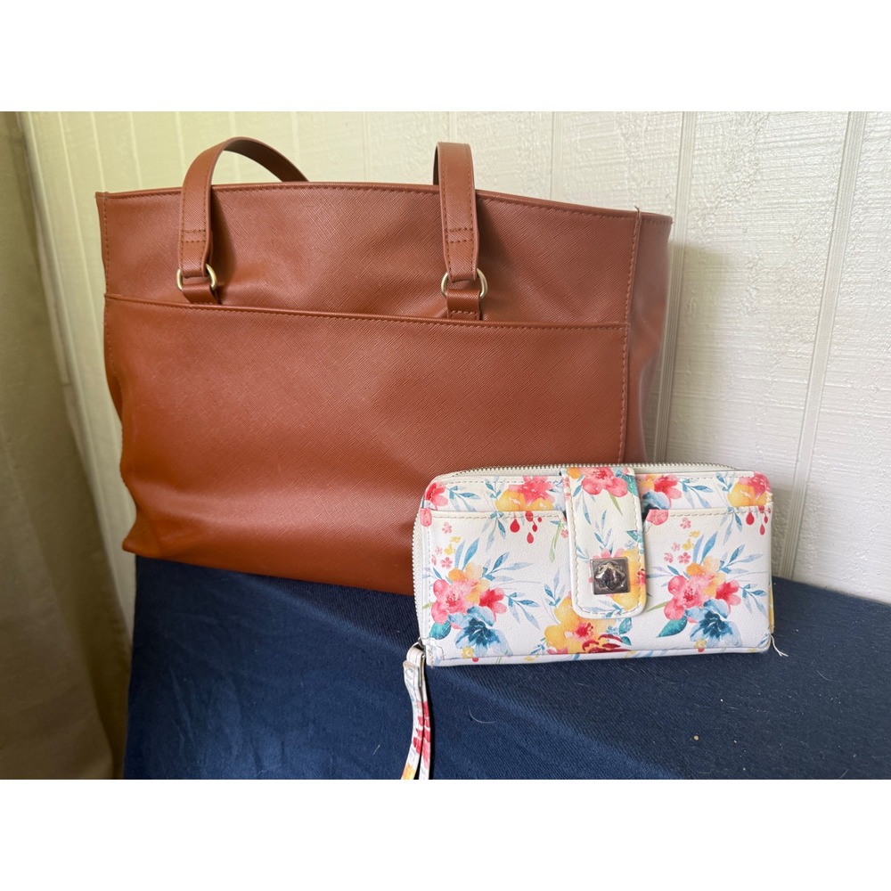 Bundle Cognac Saffiano Laptop Tote Bag and Floral Zip Around Wallet Set